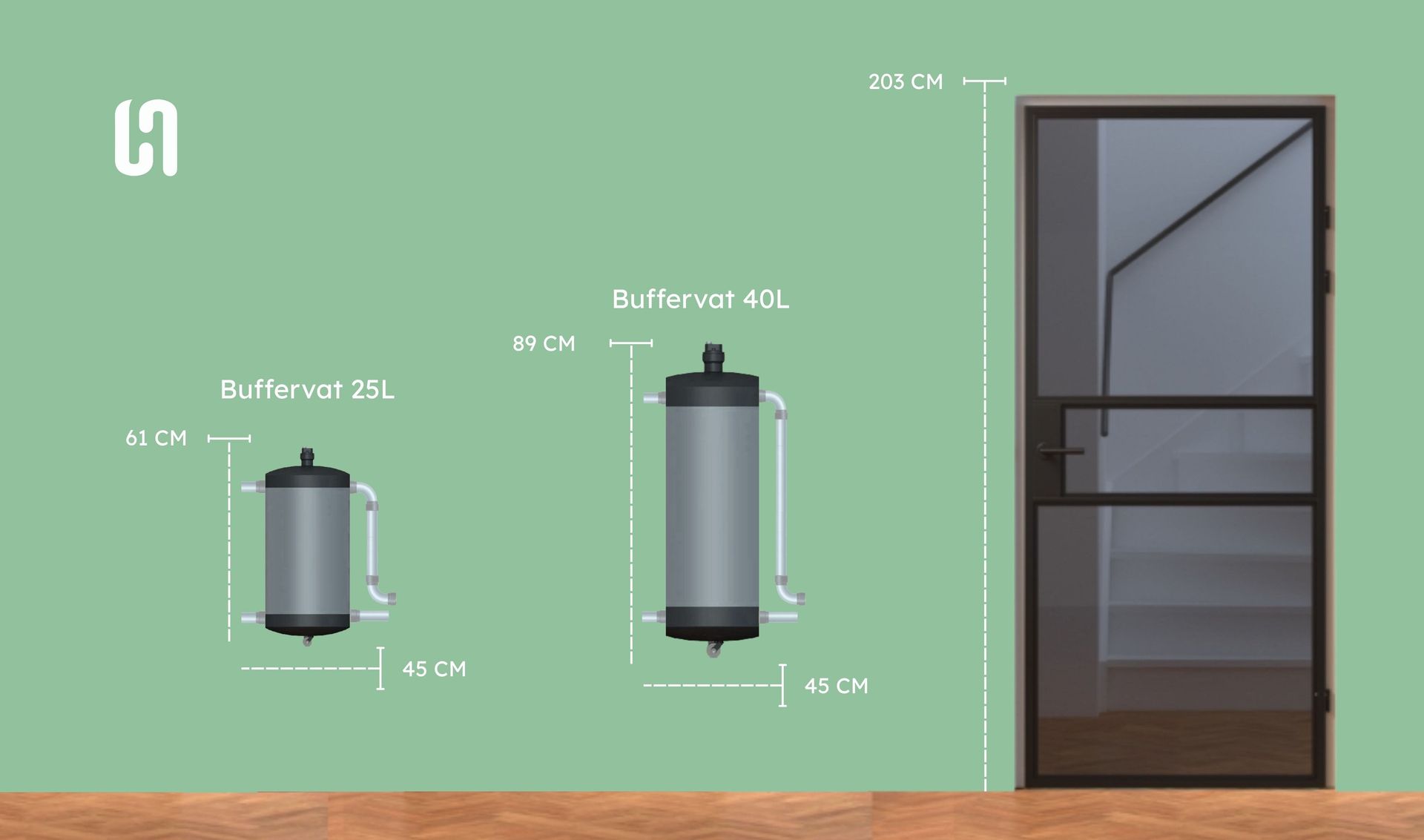 Formaten van de buffervaten van een warmtepomp in verhouding tot een deur